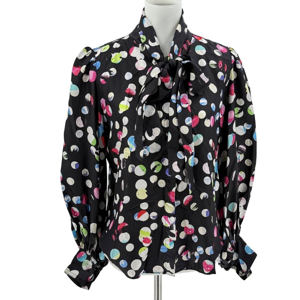 Hunter Bell New York Polka Dot Silk Blouse With Puff Sleeves & Bow Tie Neck